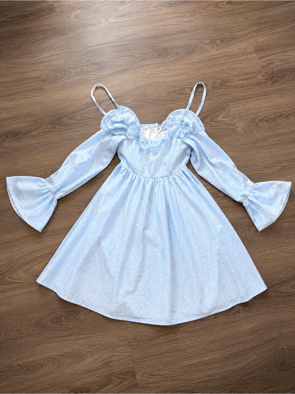 Soft Blue Off-Shoulder Mini Dress with Bell Sleeves